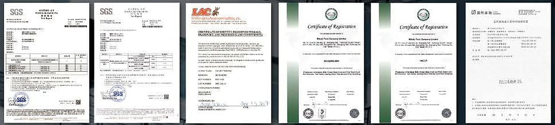 SGS, ISO 22000 and HACCP certificates